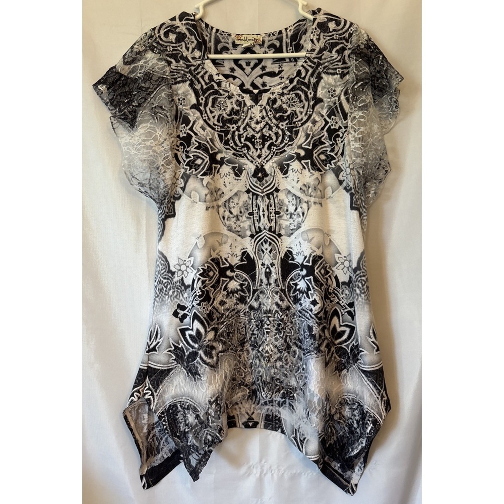 World Unity Black & White Women's Lace Metallic Top stud handkerchief hem Size S